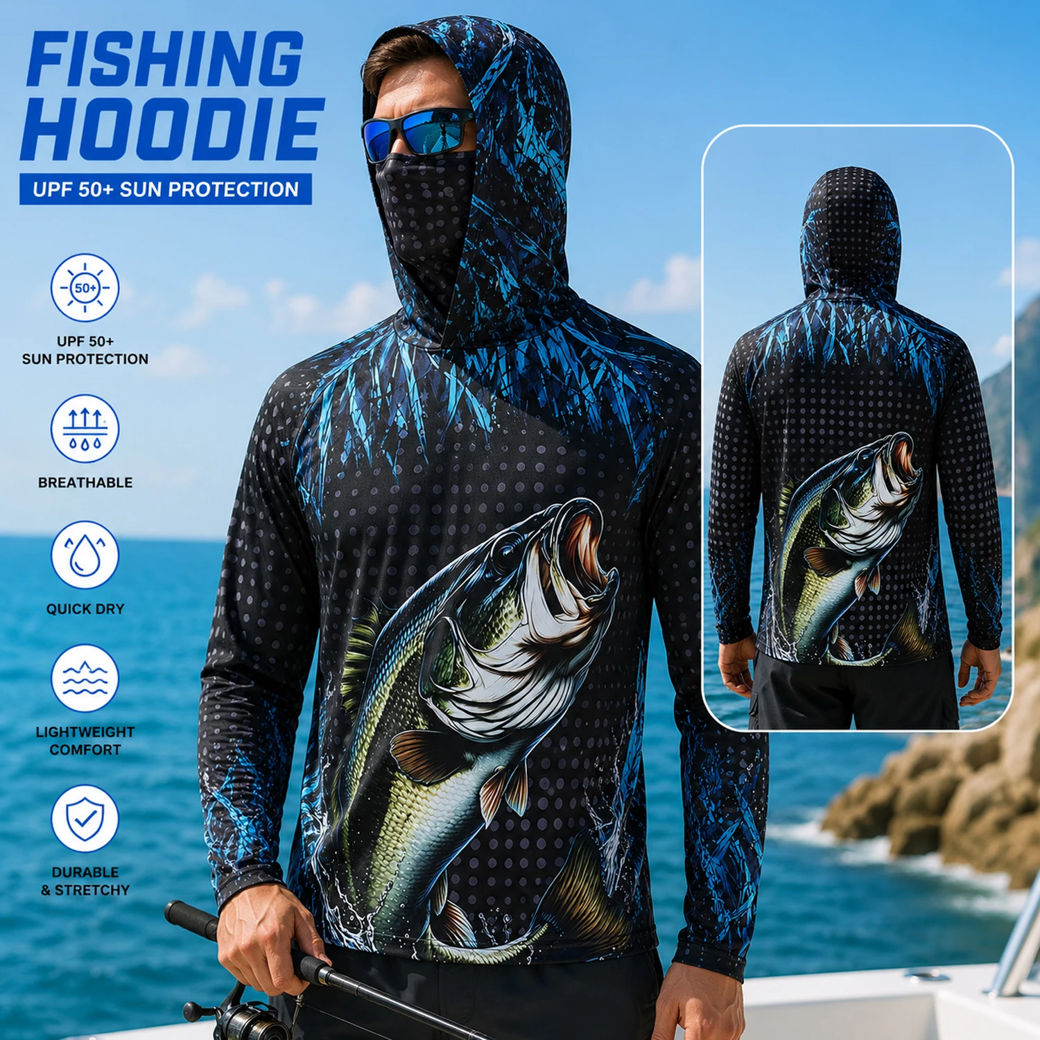 Fishing Mask Sun Protection - メンズ UPF50+ 釣り用フード付きシャツ。顔を覆うマスク付きで、速乾性があり、日焼け防止効果があります。バスのプリントが施された長袖で、アウトドア、ハイキング、セーリング、釣りなどに最適です。