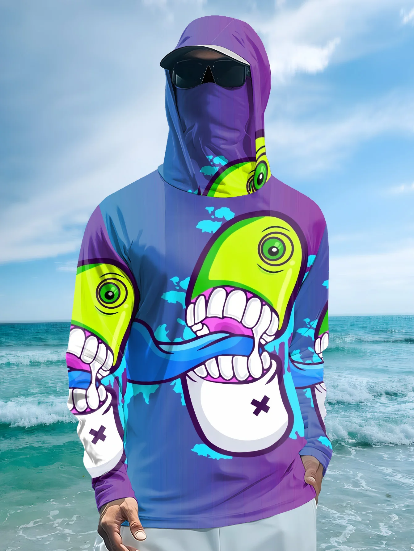 メンズ向け、漫画風のモンスター柄グラフィティプリント、フェイ - Fishing Mask Sun Protection のレビューと価格